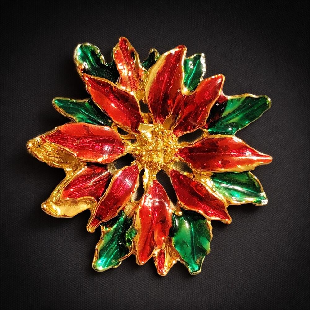 Vintage Poinsettia Brooch Pin 2" Christmas Jewelry Enamel Red Green Flower h-5
